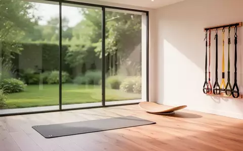 Ein heller, minimalistischer Physio-Trainingsraum mit einer Sportmatte und Balance-Board vor einem grünen Garten. - Foto: über boerse-global.de