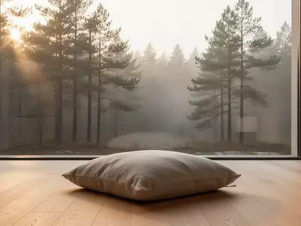Ein minimalistischer Raum mit Blick auf einen nebligen Kiefernwald bei Sonnenaufgang, der Ruhe und Achtsamkeit ausstrahlt. - Foto: über boerse-global.de