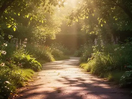Heller, sonnendurchfluteter Gartenweg im warmen Licht, der eine klare Sicht und eine gesunde Umgebung symbolisiert. - Foto: über boerse-global.de