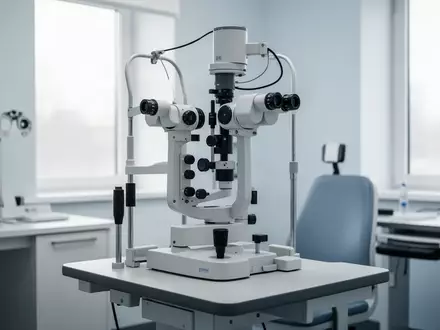 Ein leeres, hochmodernes Spaltlampenmikroskop in einem sterilen, hellen Untersuchungsraum einer Augenarztpraxis. - Foto: über boerse-global.de