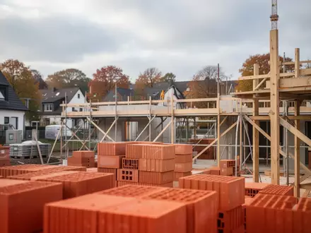 Baustelle mit aufgestapelten Ziegeln und Baugerüsten vor einem trüben Himmel in einer Stadt. - Foto: über boerse-global.de
