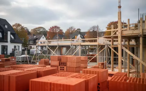 Baustelle mit aufgestapelten Ziegeln und Baugerüsten vor einem trüben Himmel in einer Stadt. - Foto: über boerse-global.de