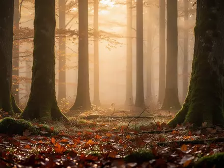 Ein nebliger Herbstwald im warmen Morgenlicht, der Ruhe und Naturverbundenheit ausstrahlt. - Foto: über boerse-global.de