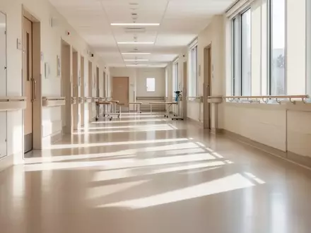 Ein heller, minimalistischer Flur in einer Rehabilitationsklinik mit natürlichem Lichteinfall und klaren Linien. - Foto: über boerse-global.de