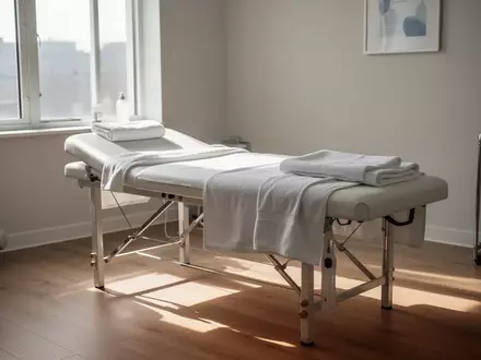 Heller, minimalistischer Raum einer physiotherapeutischen Praxis mit einer Behandlungsliege in natürlichem Licht. - Foto: über boerse-global.de