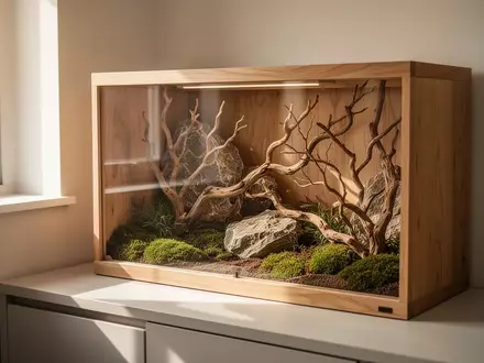 Ein ruhiger, sonnendurchfluteter Bereich mit einem natürlichen Terrarium, das mit Steinen, Ästen und Moos gestaltet ist. - Foto: über boerse-global.de