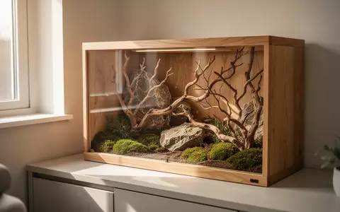 Ein ruhiger, sonnendurchfluteter Bereich mit einem natürlichen Terrarium, das mit Steinen, Ästen und Moos gestaltet ist. - Foto: über boerse-global.de