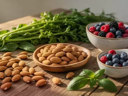 Frische, unverarbeitete Lebensmittel wie Nüsse, Beeren und Gemüse auf einem Holztisch bei natürlichem Tageslicht. - Foto: über boerse-global.de