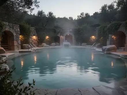 Ein dampfendes Außenbecken einer Therme in einer ruhigen, von Natur und Stein geprägten Umgebung bei Dämmerung. - Foto: über boerse-global.de