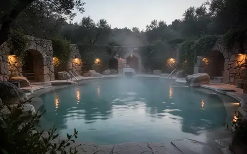 Ein dampfendes Außenbecken einer Therme in einer ruhigen, von Natur und Stein geprägten Umgebung bei Dämmerung. - Foto: über boerse-global.de