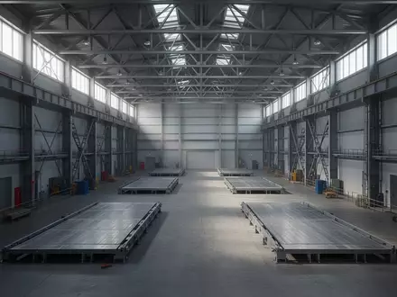 Eine weitläufige, moderne Schiffswerfthalle mit Stahlträgern und hellen Betonböden in einer industriellen Umgebung. - Foto: über boerse-global.de