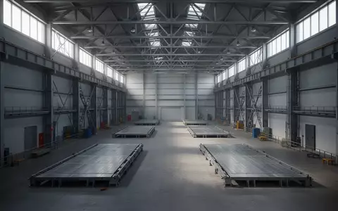 Eine weitläufige, moderne Schiffswerfthalle mit Stahlträgern und hellen Betonböden in einer industriellen Umgebung. - Foto: über boerse-global.de