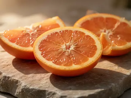 Frische Zitrusfruchtscheiben auf einem Natursteinuntergrund in hellem, natürlichem Sonnenlicht. - Foto: über boerse-global.de
