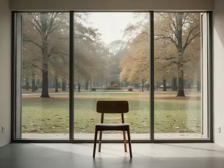 Ein minimalistischer, lichtdurchfluteter Beratungsraum mit einem Stuhl vor einem Fenster mit Blick in einen ruhigen Park. - Foto: über boerse-global.de