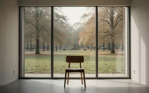 Ein minimalistischer, lichtdurchfluteter Beratungsraum mit einem Stuhl vor einem Fenster mit Blick in einen ruhigen Park. - Foto: über boerse-global.de