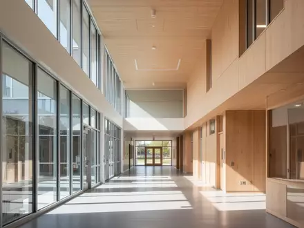 Ein heller, moderner Flur in einem Schulgebäude mit minimalistischer Architektur und natürlichem Tageslicht. - Foto: über boerse-global.de