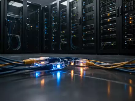 Dunkler Serverraum mit leuchtenden Glasfaserkabeln und technischer Infrastruktur in einer professionellen IT-Umgebung. - Foto: über boerse-global.de