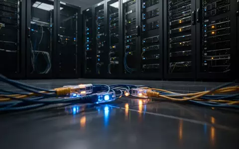 Dunkler Serverraum mit leuchtenden Glasfaserkabeln und technischer Infrastruktur in einer professionellen IT-Umgebung. - Foto: über boerse-global.de