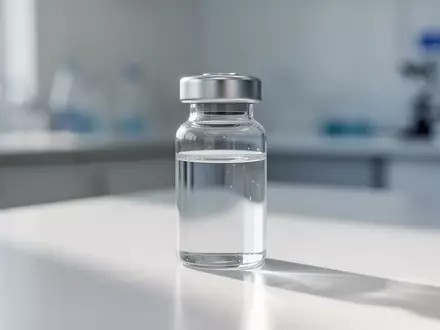 Eine sterile Laborglasampulle mit einer klaren Flüssigkeit auf einem weißen Untergrund in einem hellen, klinischen Labor. - Foto: über boerse-global.de