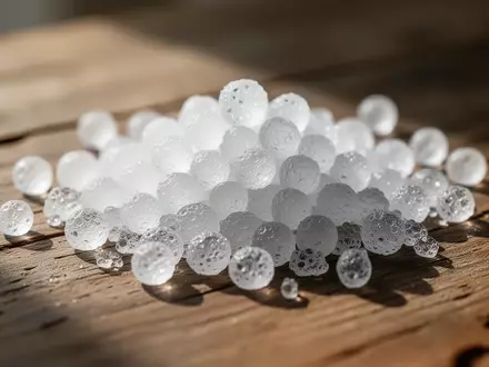 Nahaufnahme von durchsichtigen Silica-Gel-Kügelchen, die auf einer hölzernen Oberfläche liegen. - Foto: über boerse-global.de