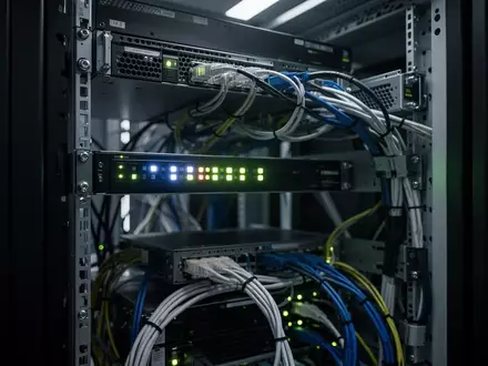 Ein dunkler Serverraum mit abstrakten Netzwerk-Hardware-Komponenten und blinkenden Status-LEDs. - Foto: über boerse-global.de