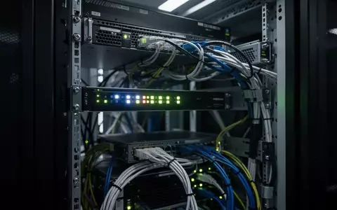 Ein dunkler Serverraum mit abstrakten Netzwerk-Hardware-Komponenten und blinkenden Status-LEDs. - Foto: über boerse-global.de