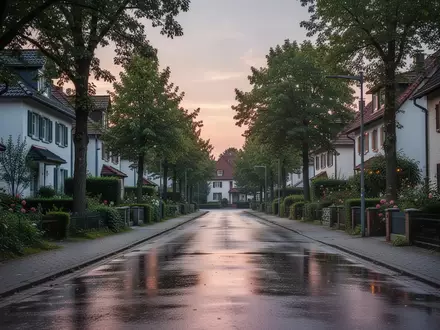 Eine ruhige Wohnstraße in Deutschland bei Dämmerung, die Wohlstand und langjährige Beständigkeit symbolisiert. - Foto: über boerse-global.de