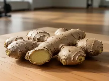Frische Ingwerwurzeln auf einer hölzernen Unterlage vor dem Hintergrund eines minimalistischen Fitnessraums. - Foto: über boerse-global.de
