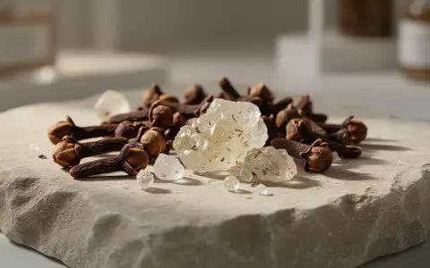 Nahaufnahme von getrockneten Nelkenknospen und botanischen Harzkristallen auf einer hellen Steinoberfläche. - Foto: über boerse-global.de