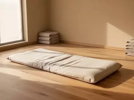 Ein minimalistisch eingerichteter Behandlungsraum mit einem Futon auf einem Holzboden in warmem, natĂĽrlichem Licht. - Foto: ĂĽber boerse-global.de