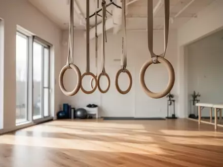 Helle, minimalistische Physiotherapiepraxis mit hängenden Gymnastikringen und einfallendem Tageslicht auf einem Holzparkett. - Foto: über boerse-global.de