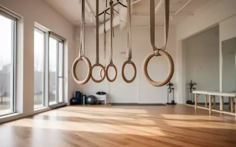 Helle, minimalistische Physiotherapiepraxis mit hängenden Gymnastikringen und einfallendem Tageslicht auf einem Holzparkett. - Foto: über boerse-global.de