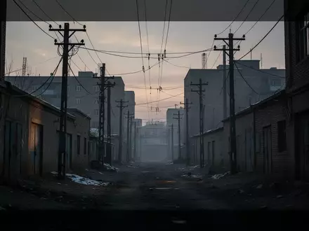 Eine düstere, verlassene urbane Industrielandschaft in der Dämmerung mit Stromleitungen und schattigen Gassen. - Foto: über boerse-global.de