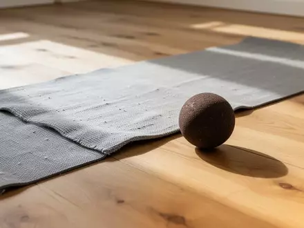 Eine Yogamatte und ein kleiner Korkball für die Selbstmassage liegen auf einem Holzboden in einem hellen, ruhigen Raum. - Foto: über boerse-global.de