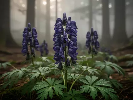 Nahaufnahme der blauen Blüten einer Aconitum-Pflanze in einer nebligen Waldumgebung. - Foto: über boerse-global.de