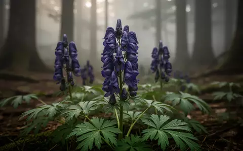 Nahaufnahme der blauen Blüten einer Aconitum-Pflanze in einer nebligen Waldumgebung. - Foto: über boerse-global.de