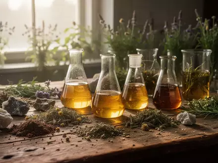 Verschiedene pflanzliche Extrakte und Heilkräuter auf einem Labortisch in natürlichem Licht. - Foto: über boerse-global.de