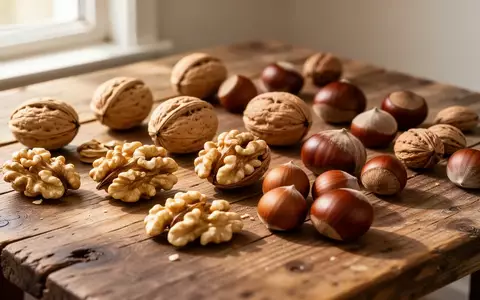 Verschiedene naturbelassene Nüsse wie Walnüsse und Haselnüsse auf einer rustikalen Holzoberfläche. - Foto: über boerse-global.de