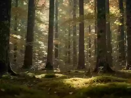 Ein ruhiger, von Sonnenlicht durchfluteter Wald mit dichten Bäumen und moosbedecktem Boden. - Foto: über boerse-global.de