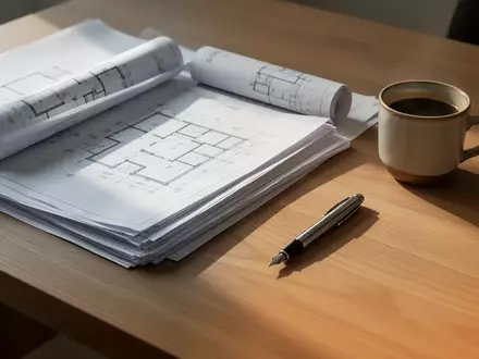 Ein aufgeräumter, moderner Arbeitsplatz mit Bauplänen und einer Kaffeetasse auf einer Holzoberfläche in natürlichem Licht. - Foto: über boerse-global.de