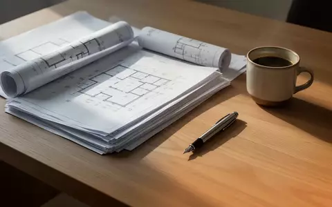 Ein aufgeräumter, moderner Arbeitsplatz mit Bauplänen und einer Kaffeetasse auf einer Holzoberfläche in natürlichem Licht. - Foto: über boerse-global.de