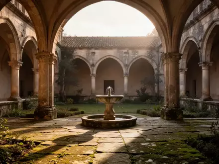 Ein ruhiger, sonnendurchfluteter Kreuzgang eines alten Klosters mit einem steinernen Brunnen im Innenhof. - Foto: über boerse-global.de