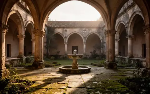 Ein ruhiger, sonnendurchfluteter Kreuzgang eines alten Klosters mit einem steinernen Brunnen im Innenhof. - Foto: über boerse-global.de