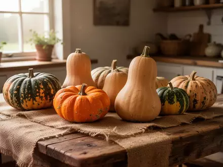 Eine Auswahl verschiedener roher Kürbissorten wie Hokkaido und Butternut auf einem rustikalen Holztisch. - Foto: über boerse-global.de