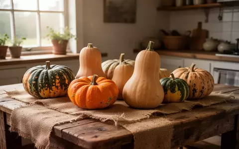 Eine Auswahl verschiedener roher Kürbissorten wie Hokkaido und Butternut auf einem rustikalen Holztisch. - Foto: über boerse-global.de