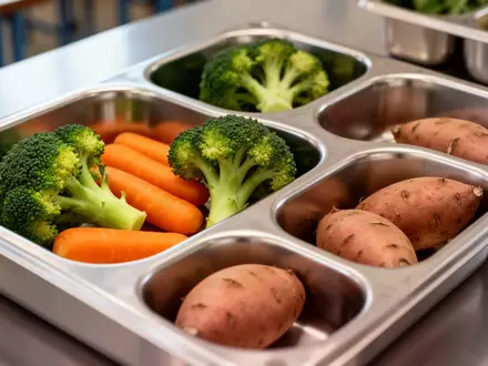 Nahaufnahme einer Edelstahlschale mit frischem Gemüse wie Brokkoli und Karotten in einer Schulkantine. - Foto: über boerse-global.de