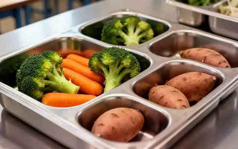 Nahaufnahme einer Edelstahlschale mit frischem Gemüse wie Brokkoli und Karotten in einer Schulkantine. - Foto: über boerse-global.de
