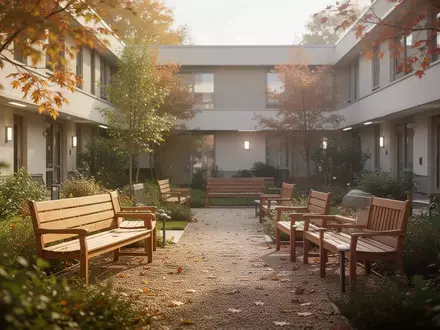 Ein sonniger, ruhiger Innenhof mit Gartenanlage und Holzbänken in einer Pflegeeinrichtung. - Foto: über boerse-global.de