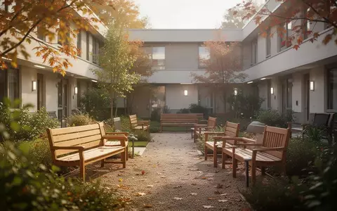 Ein sonniger, ruhiger Innenhof mit Gartenanlage und Holzbänken in einer Pflegeeinrichtung. - Foto: über boerse-global.de