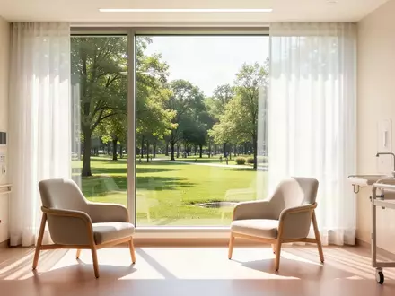 Ein heller, moderner Rehabilitationsraum mit großen Fenstern und Blick ins Grüne, der eine ruhige und erholsame Atmosphäre vermittelt. - Foto: über boerse-global.de
